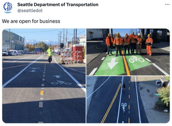 Tweet from SDOT with photos of the completed bike lanes and the crew that did the painting work.